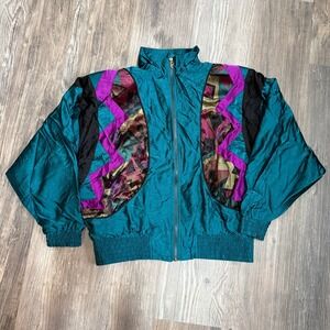 Vintage Lavon Teal Geometric Windbreaker Jacket 90s Abstract Velvet Trim Women M